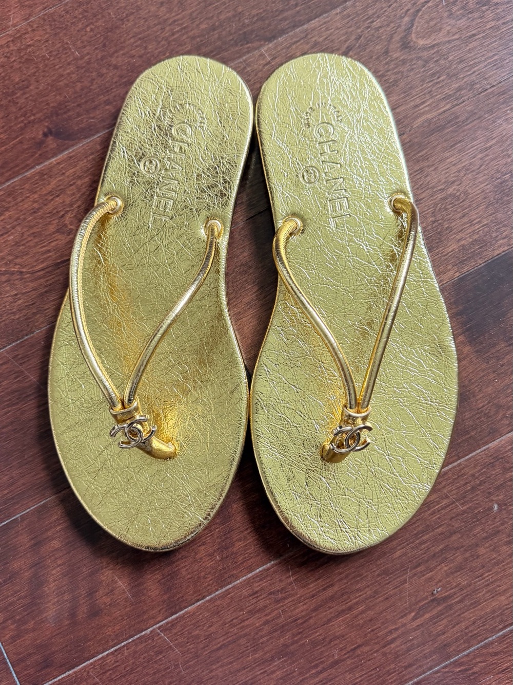 CHANEL Metallic Gold Logo Thong Sandals